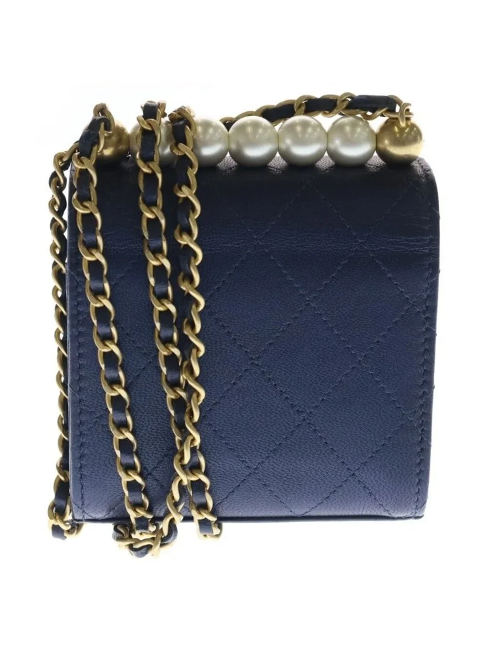 Chanel Mini Quilted Chain Shoulder Back Gold Goatskin Navy