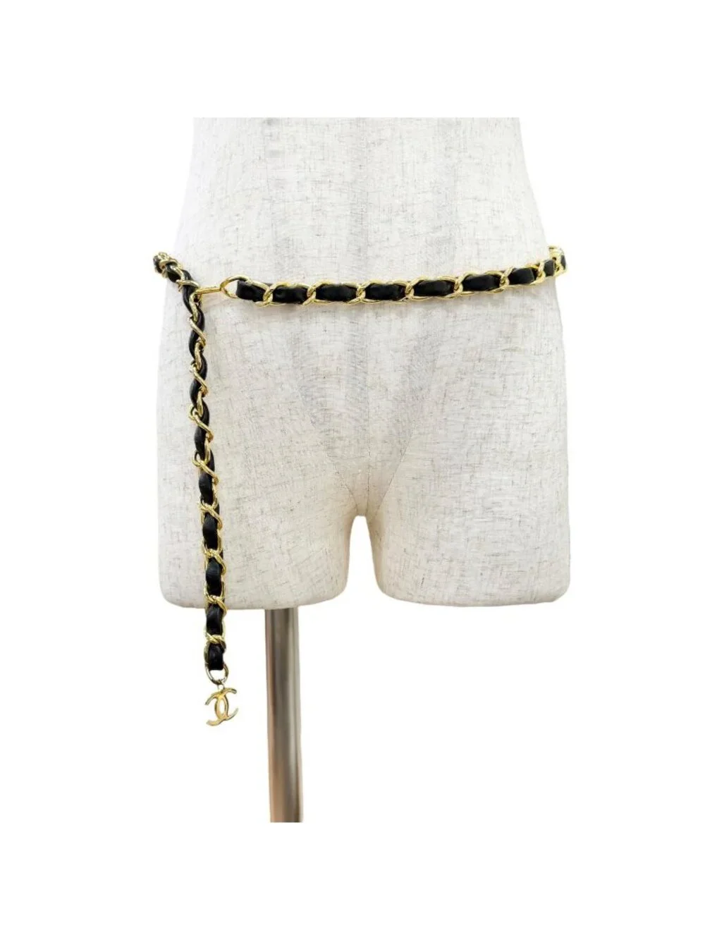 Chanel Vintage Leather Chain Belt with CC Logo Charm Gold Black Recommended
