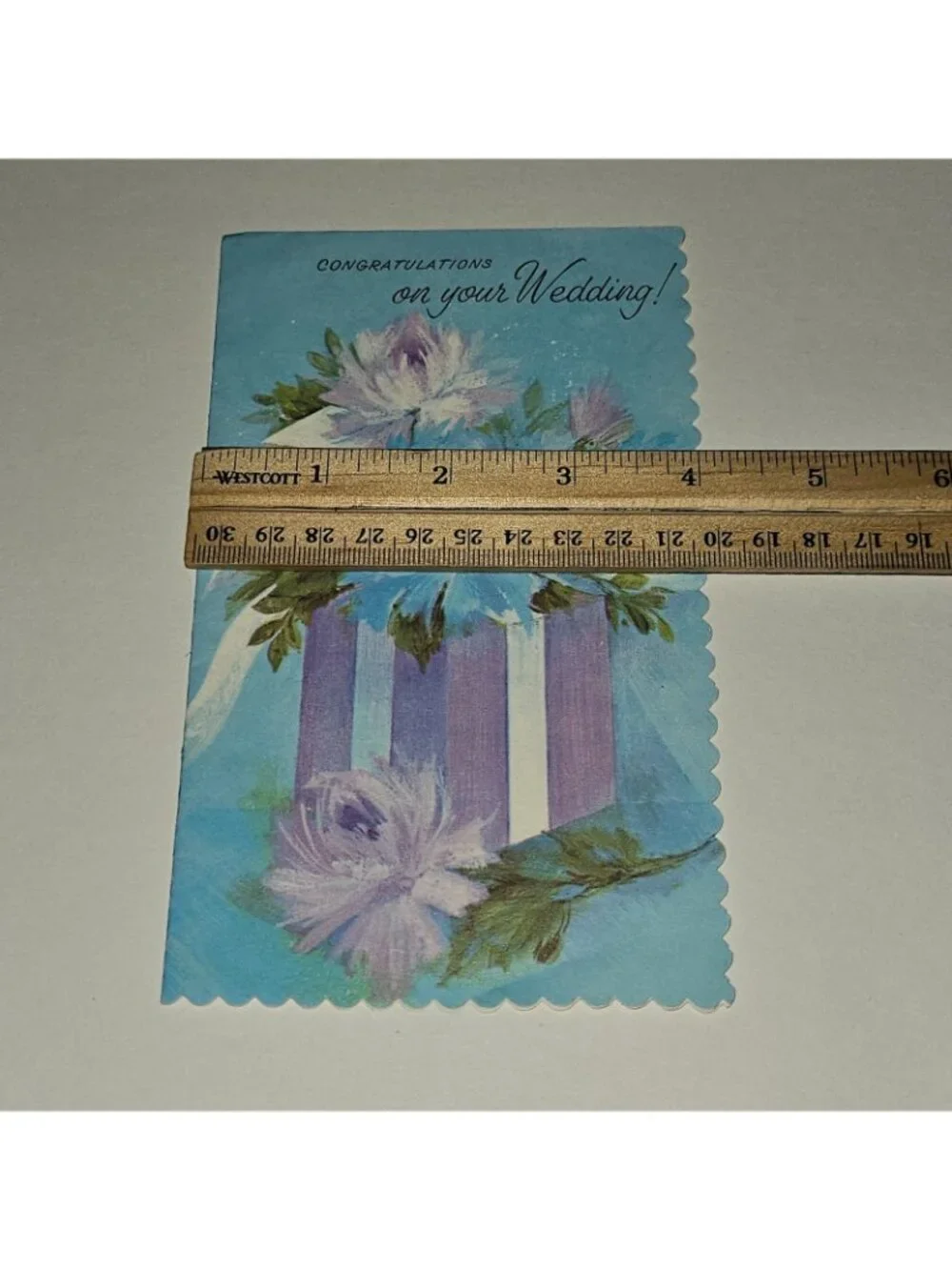 VTG Congratulations Wedding Greeting Card Scalloped Flowers Gift Blue NEVER USED