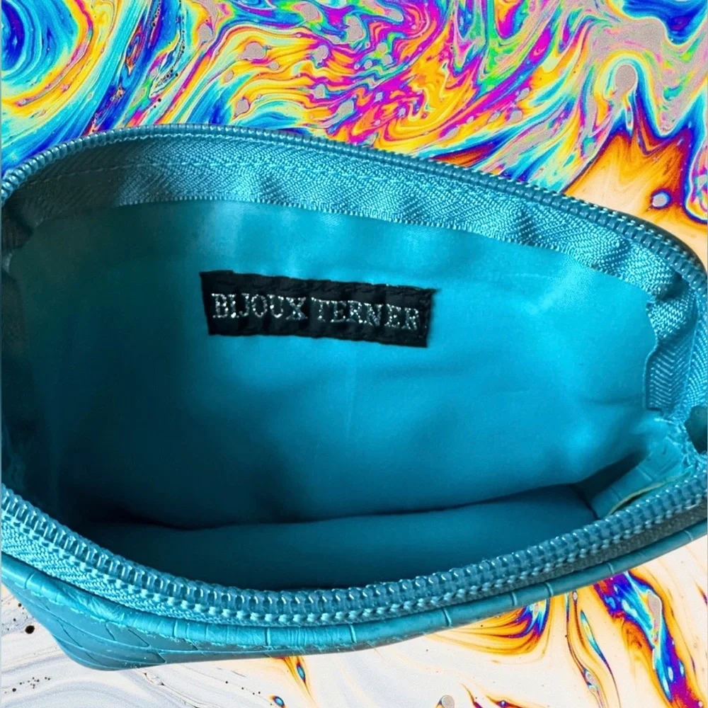 Bijoux Terner Turquoise Faux Croc Embossed Leather Cosmetic Bag & Wallet Set