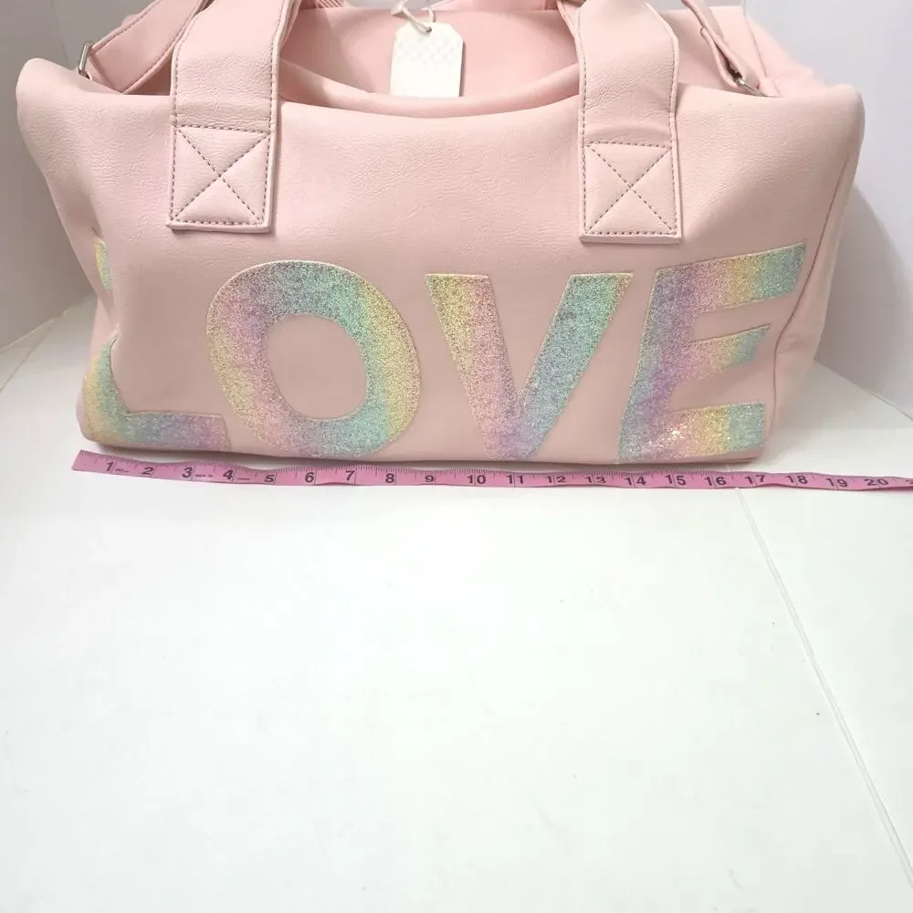OMG Pink LOVE Weekender Duffel Dance Bag Glitter Travel Overnight Tote 18x10×9