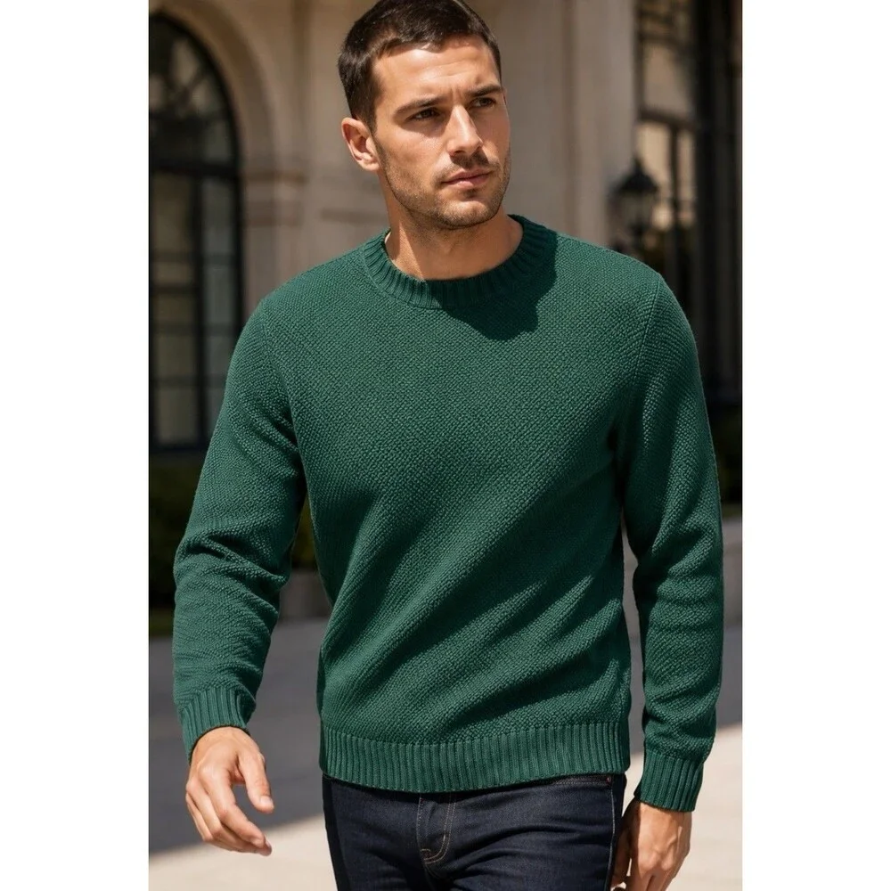 J Crew Sweater Mens S Green Crewneck Premium Basket-stitch Cotton Smart Casual