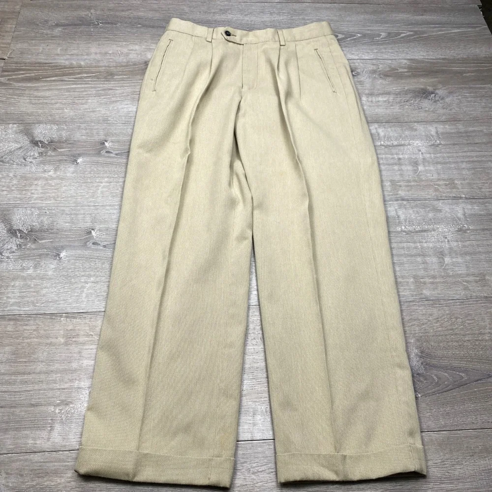 Dockers Premium Khakis Pants Mens 34x32 Tan Pleated Relaxed Fit Cuffed Woven