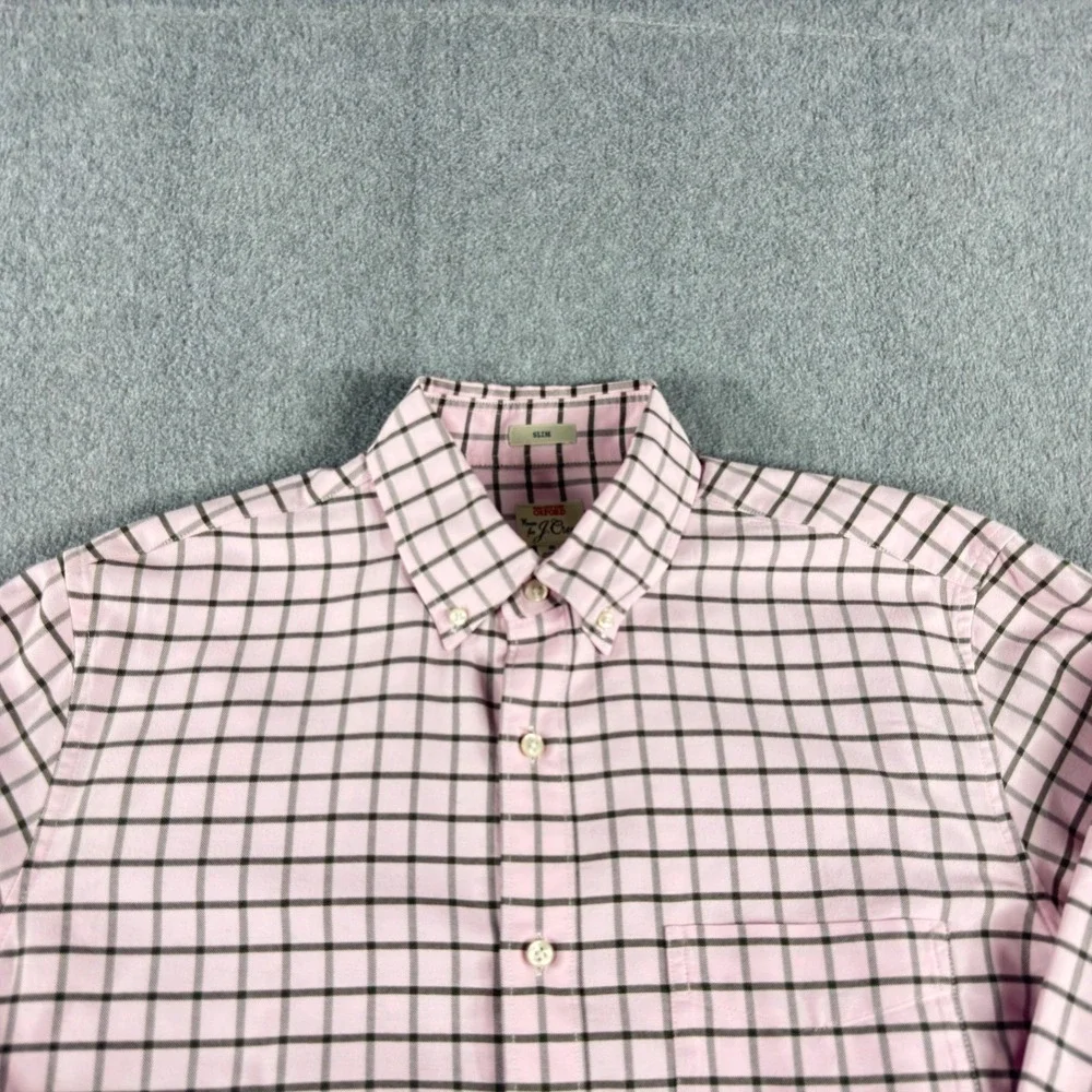 J.Crew Flex Oxford Shirt Slim Fit Mens M Pink Black Windowpane Button Down‎