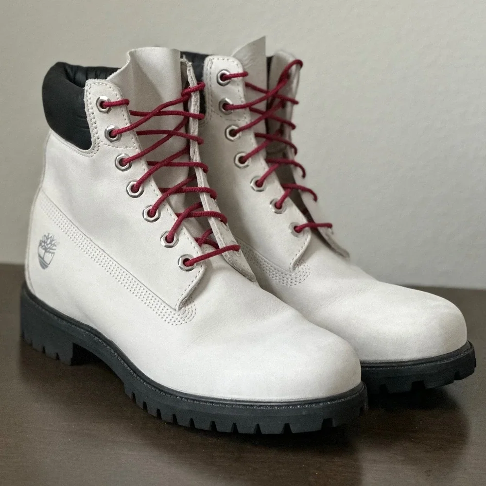 Timberland Premium 6-Inch Boots Men's 9.5 M White Red Waterproof Nubuck Leather