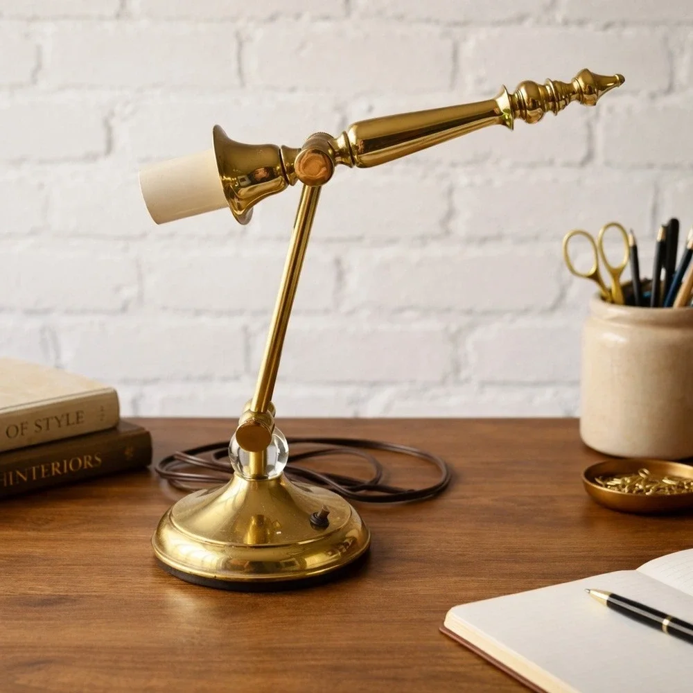 Tower Craftsman Brass Desk‎ Lamp 1950s Crystal Accent Adjustable Red Bank NJ