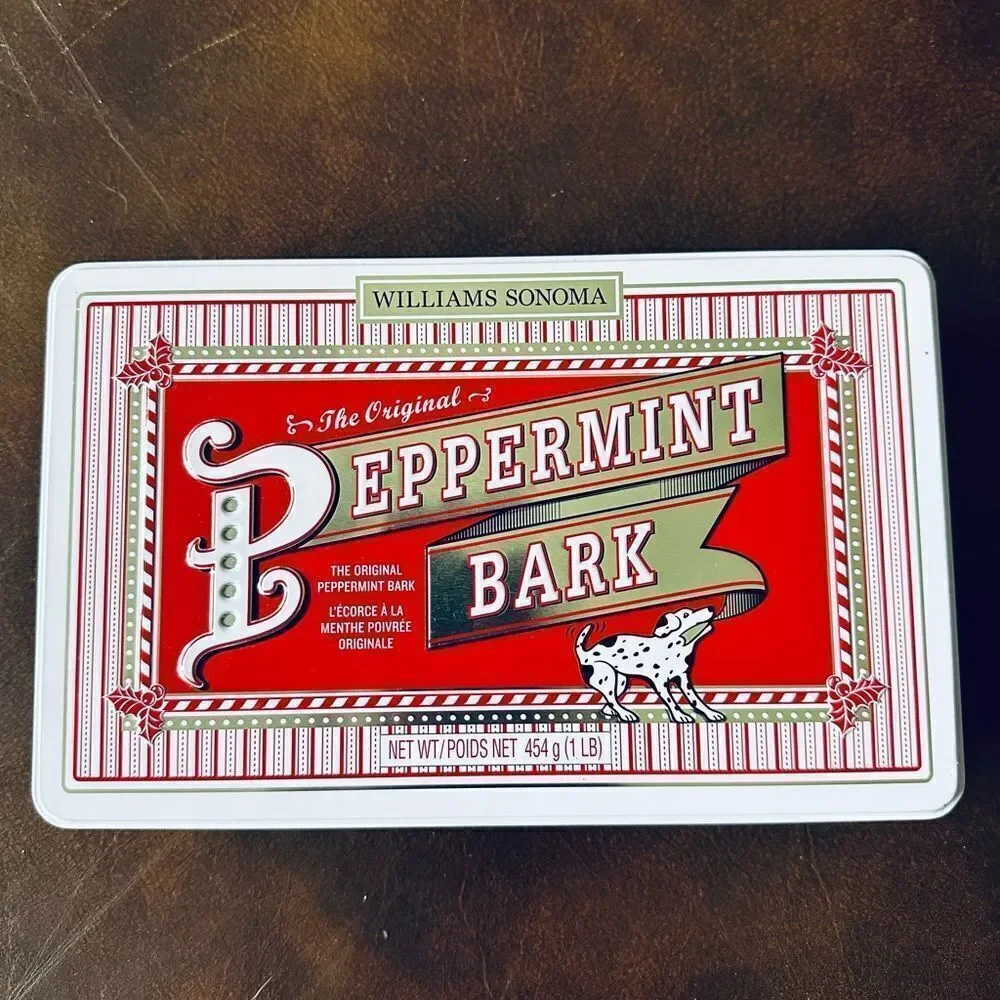 Williams Sonoma Peppermint Bark Vintage Candy Cane Christmas Tin Decor