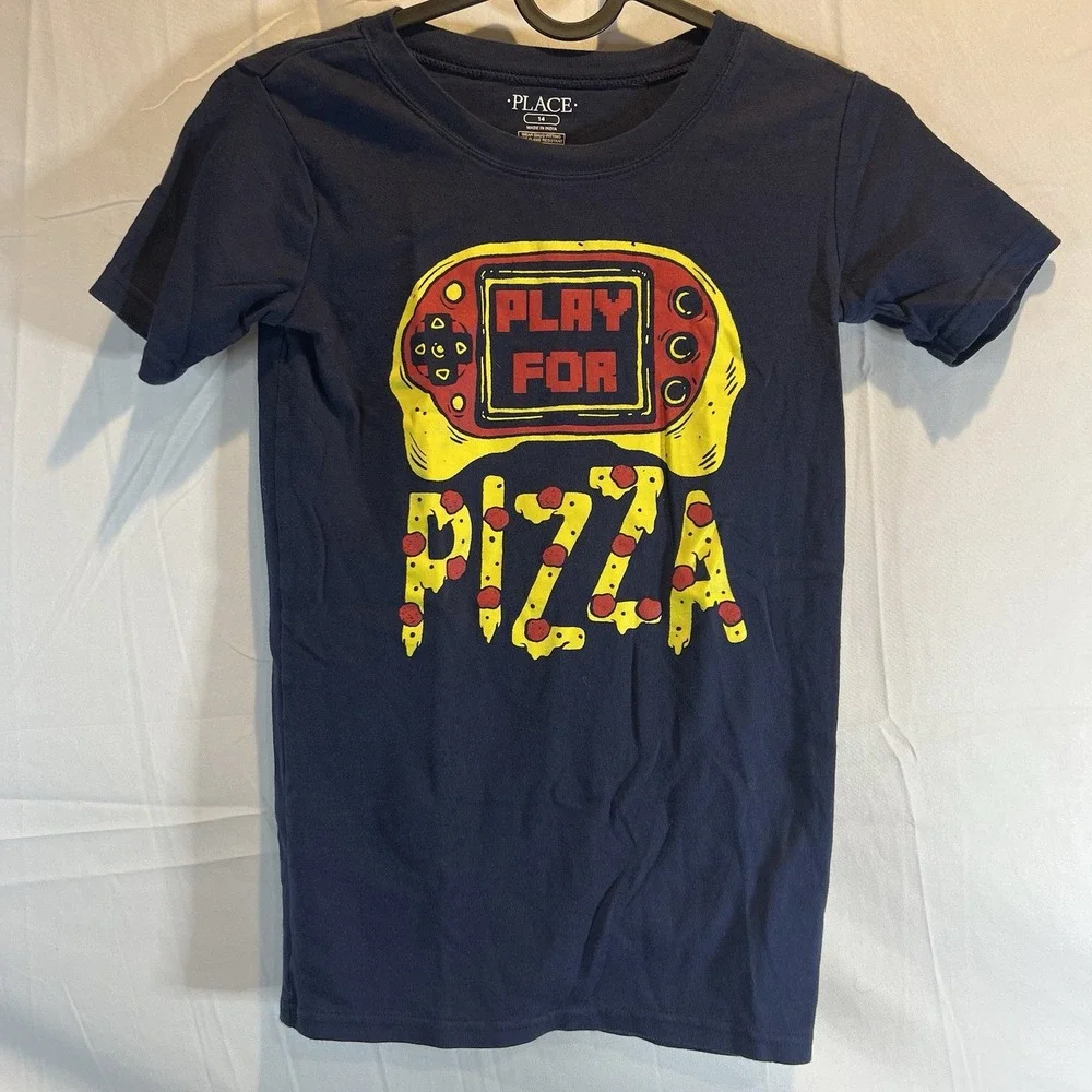 Blue Shirt Children's Place Play for Pizza Tshirt 14‎ Top Gamer Video Game