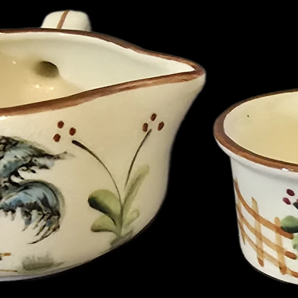 Hand-Painted Cream Ceramic Creamer and Ramekin Set with Rooster‎ Motif