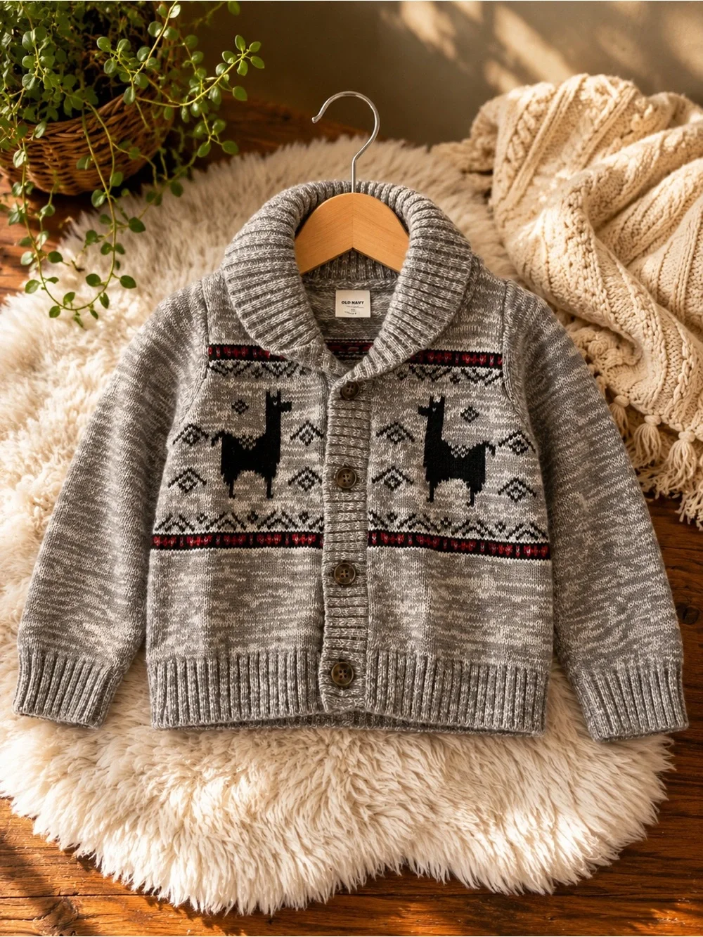 Old Navy Toddler Llama Fair Isle Shawl Collar Cardigan Sweater 12-18M Gray
