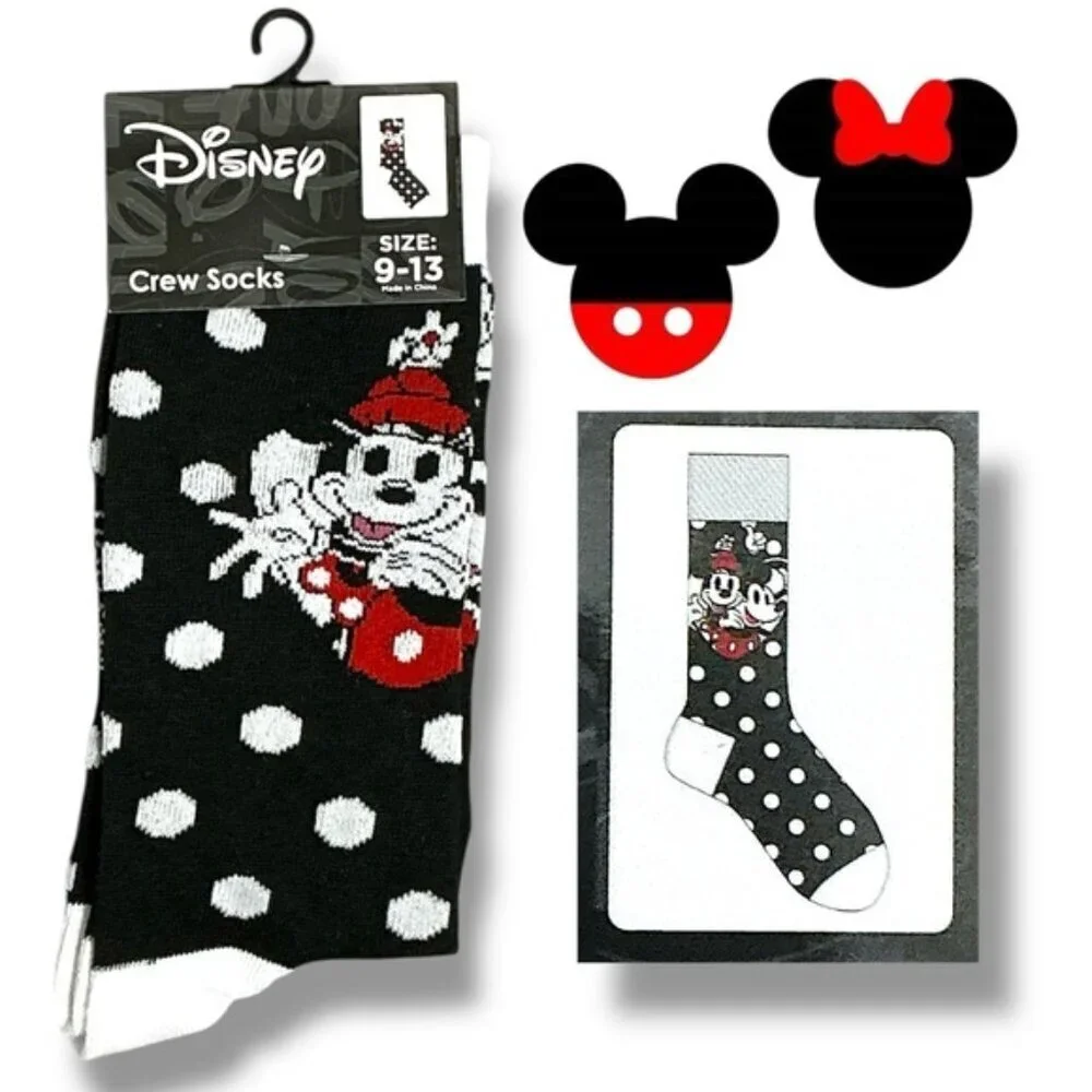 Disney Minnie Mickey Mouse Crew Socks Polka Dot Black White Crew Unisex Mens OS