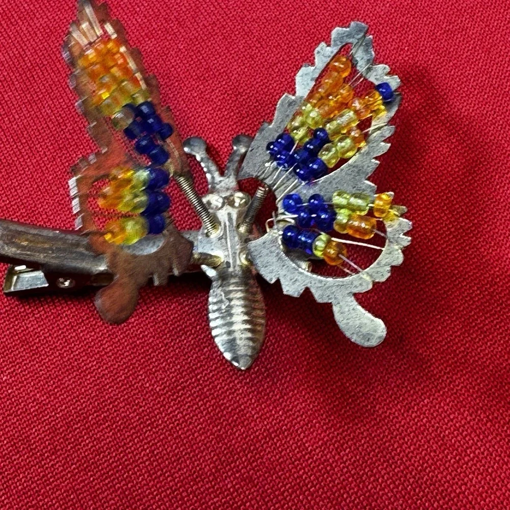 Glass Beaded Trembler Butterfly Hair‎ Clip Silver Tone Accessory Vintage