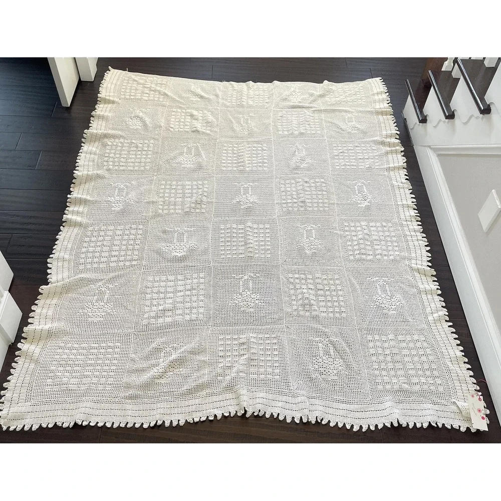 Handmade Crochet Ivory Coverlet Twin Bedspread 76