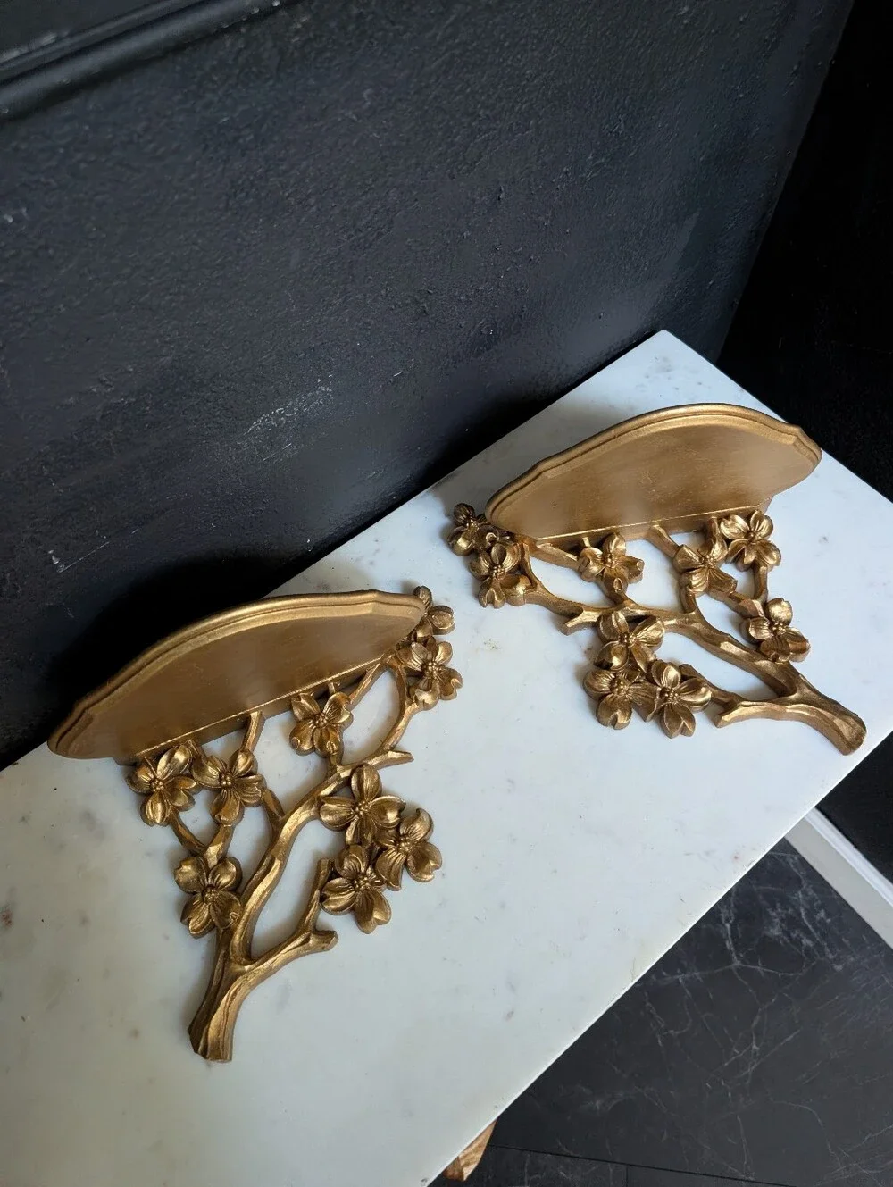 Vintage, Set of 2, MCM Gold Syroco/ Homco dogwood florals branch wall shelves,
