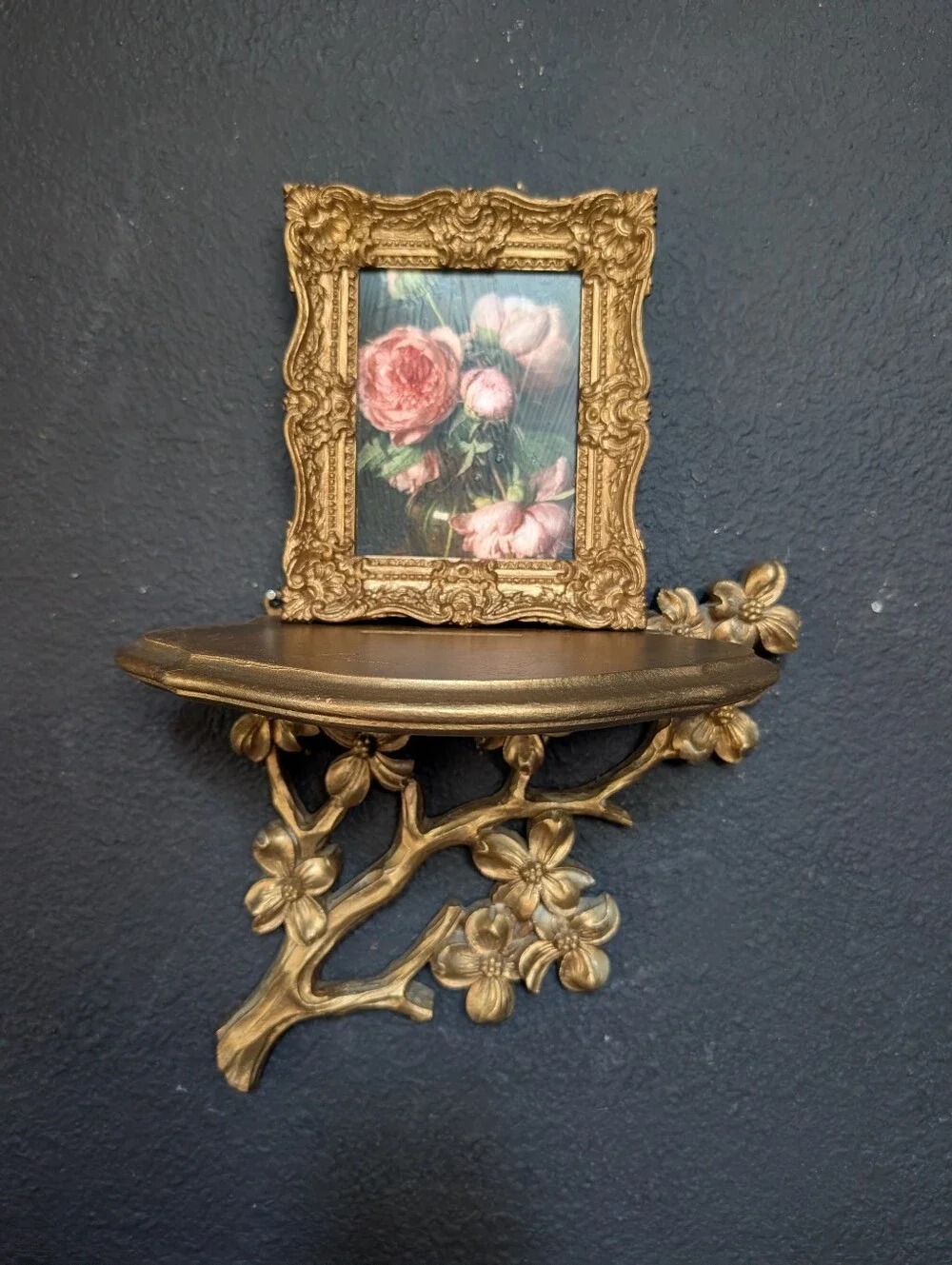 Vintage, Set of 2, MCM Gold Syroco/ Homco dogwood florals branch wall shelves,