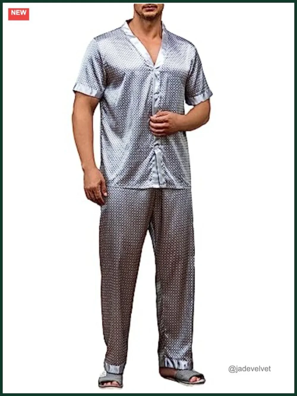 Men's 2-Piece Geo Print Satin Pajama Set Short Sleeve Button Down Sleepshirt