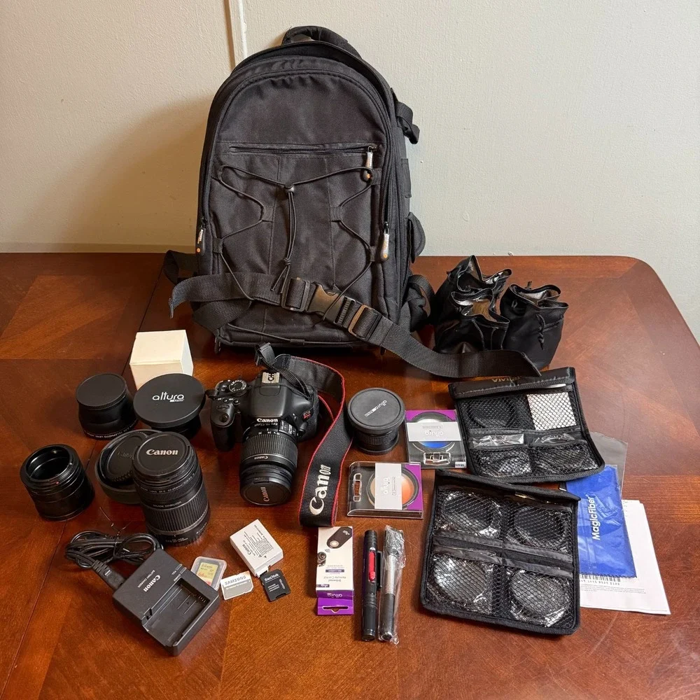 Canon EOS Rebel T3i DSLR Camera Bundle 18-55mm & 55-250mm Lenses‎ bag accesories