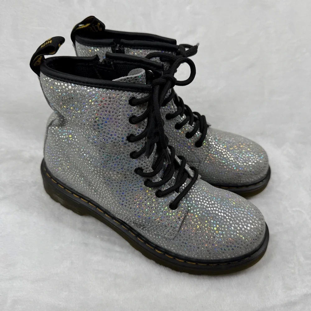 Dr. Martens 1460‎ Silver Holo Glitter Combat Boots Side Zip Kids Shoes M4 L5