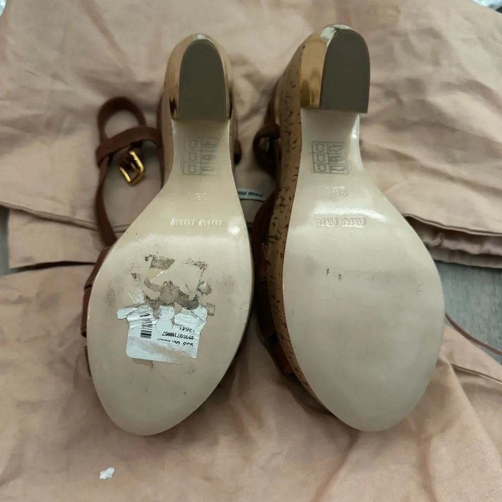 Miu Miu Brown Leather Cork Platform Sandals