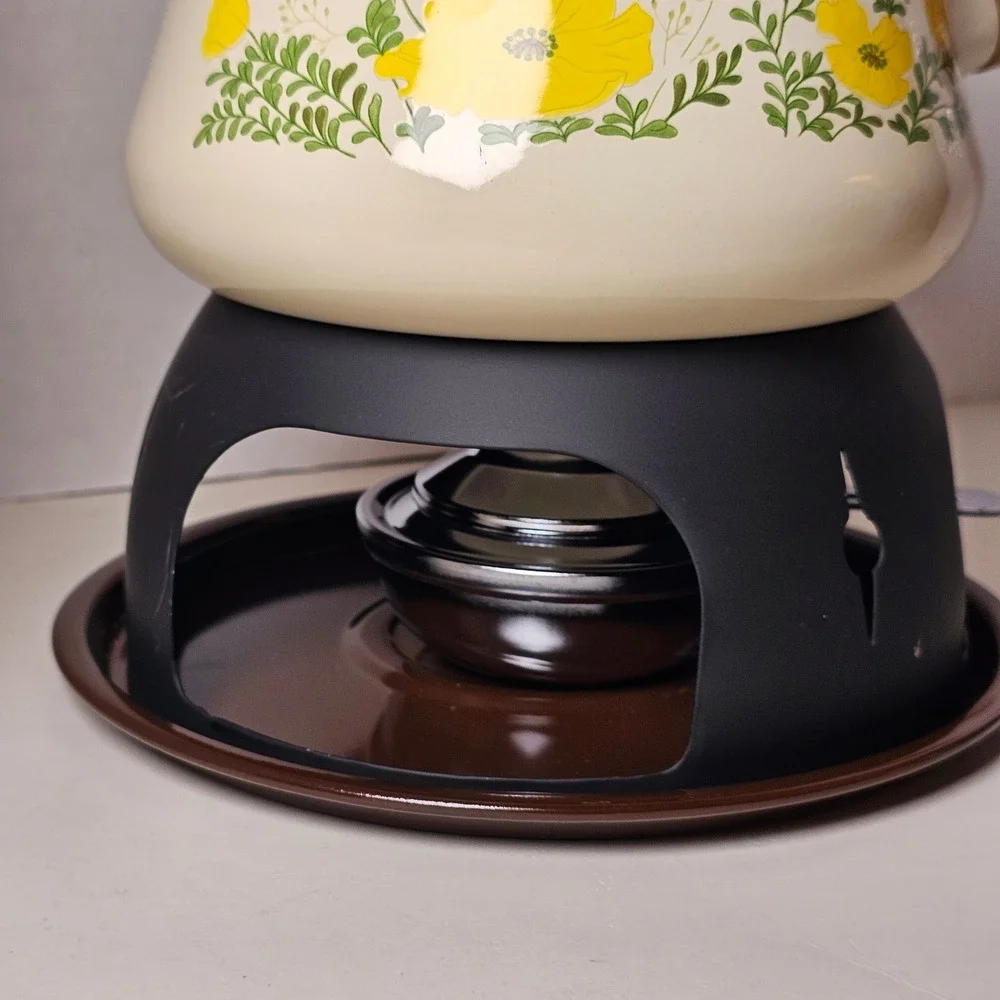 MCM 1970s Enamel‎ Fondue Pot Cottagecore Yellow Floral Poppies Japan Analog