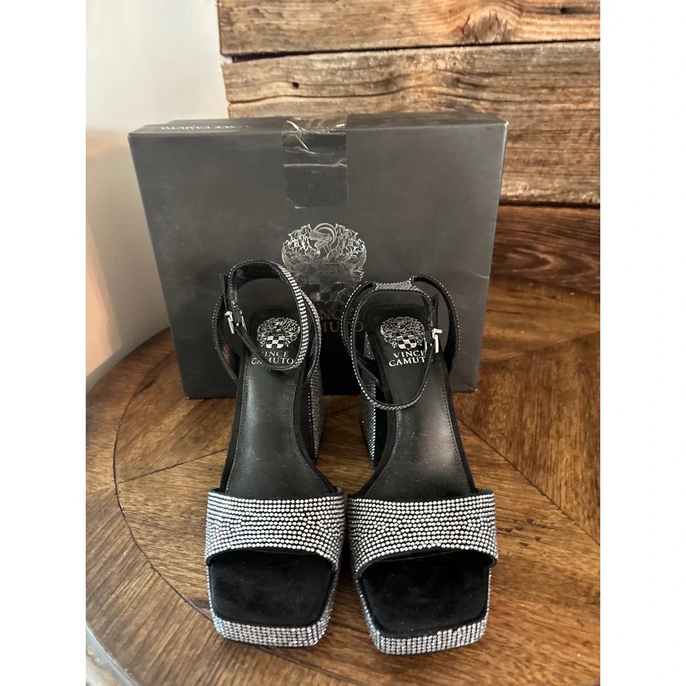 Vince Camuto Pilannaa Black Rhinestone Platform Block Heel Sandals PILANNAA 9M