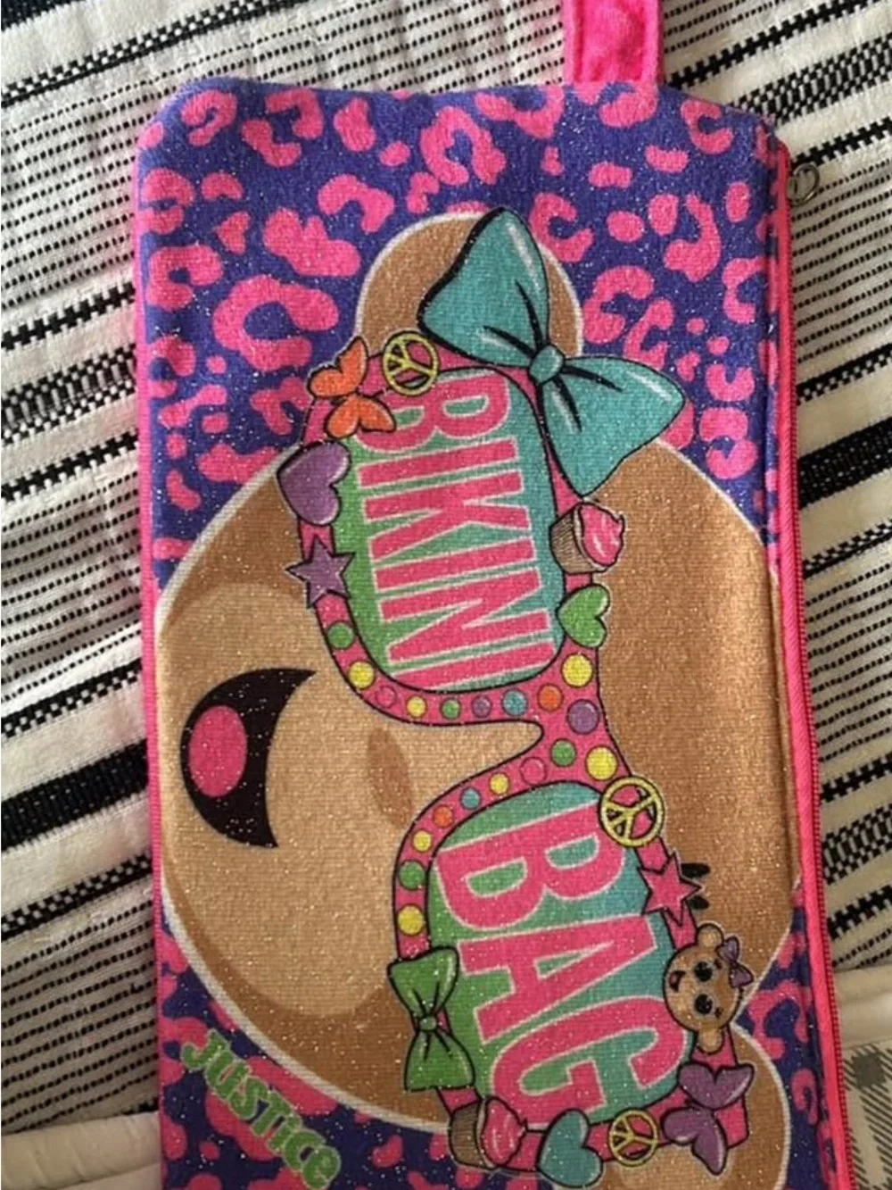 Justice Pink Purple Teal Bikini Bag Graphic Pouch with Bow