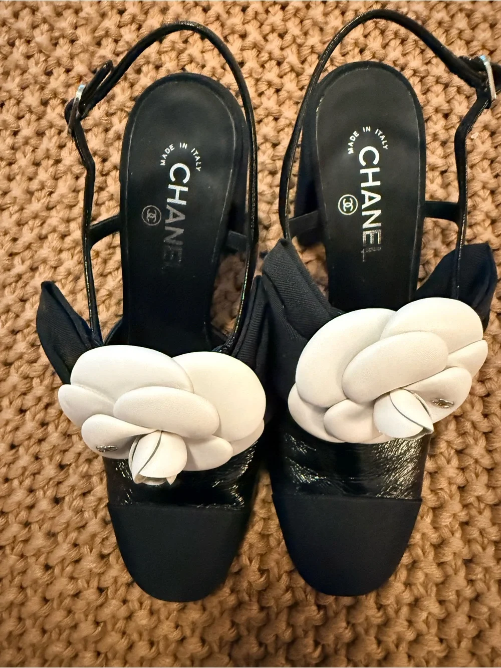 CHANEL Black Slingback Mules with White Camellia Flower