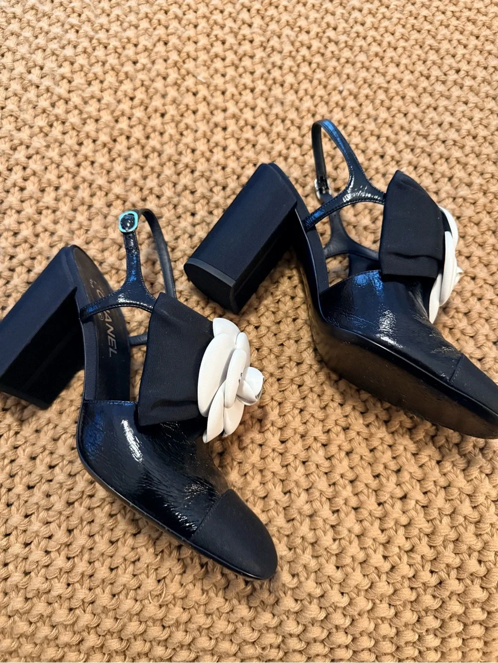 CHANEL Black Slingback Mules with White Camellia Flower