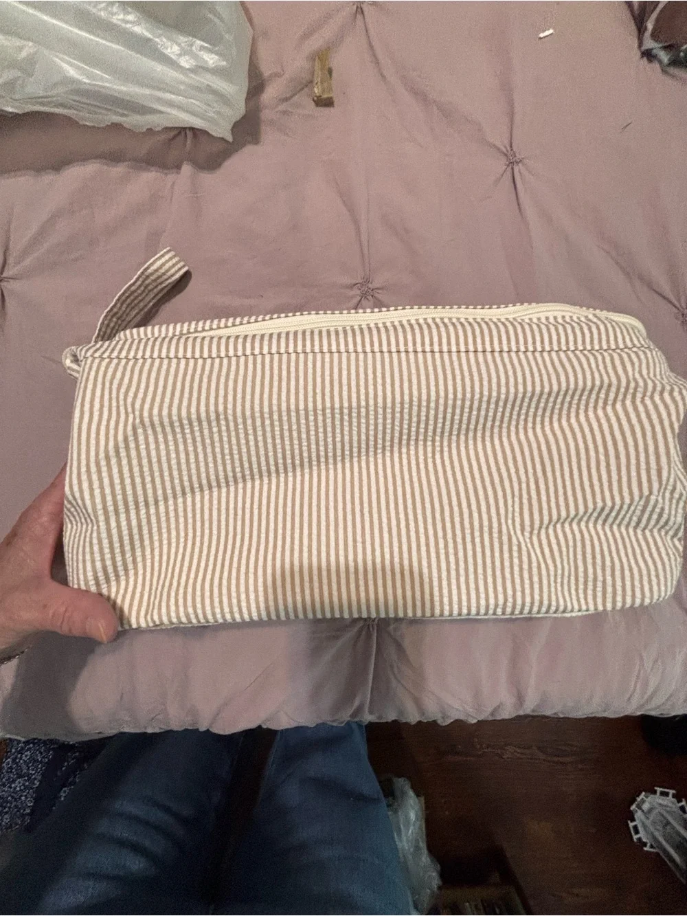 Source Unknown Beige and White Striped Cosmetic Bag