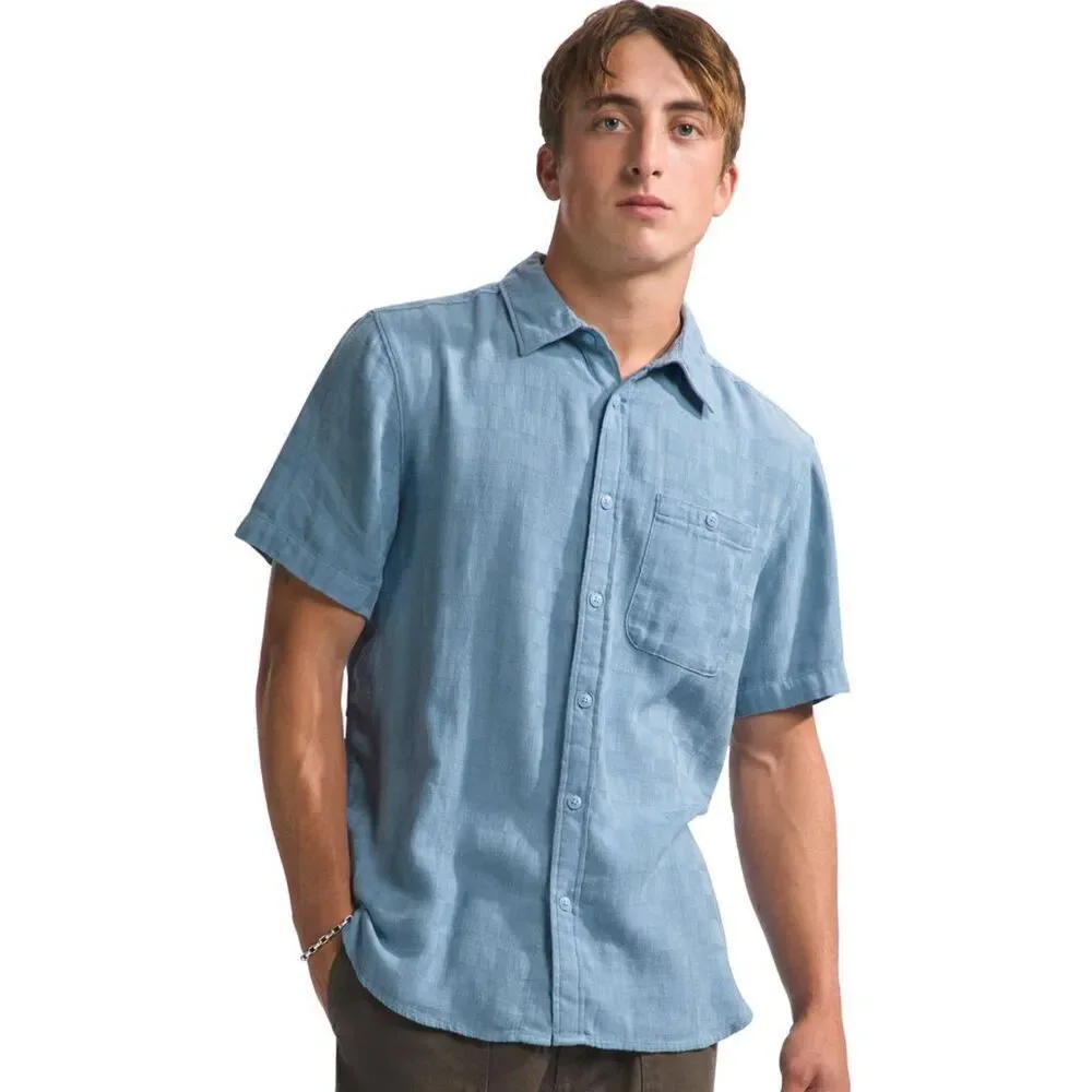 THE NORTH FACE Shirt Mens Small Blue Button Up Cotton Hemp LOGHILL JACQUARD