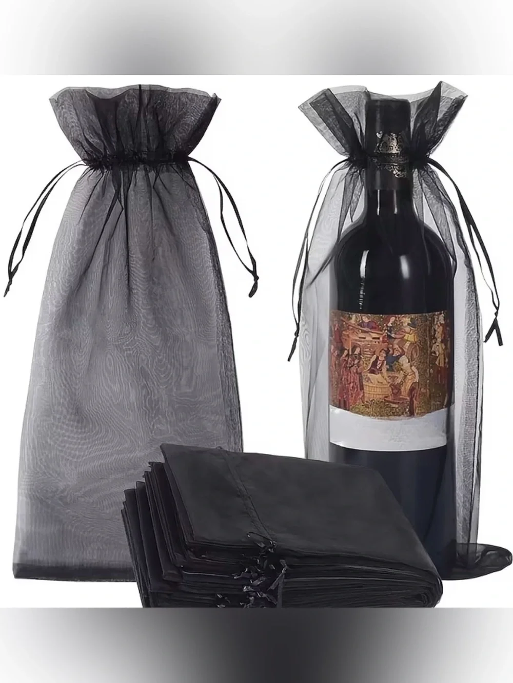 💕5/15💕Black Organza Wine Gift Bags Sheer Drawstring Pouches
