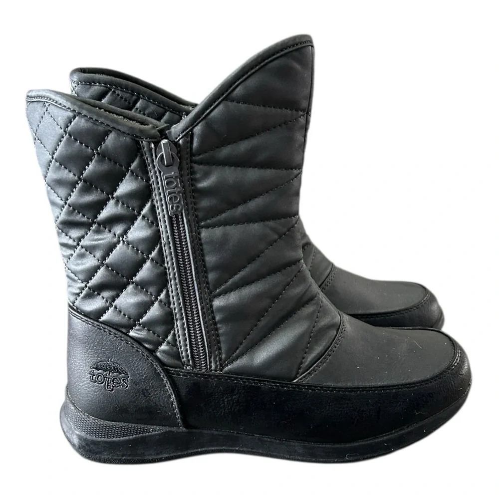 Totes Waterproof Insulated Quilted Black Grey‎ Zip Up Boot Sz 8