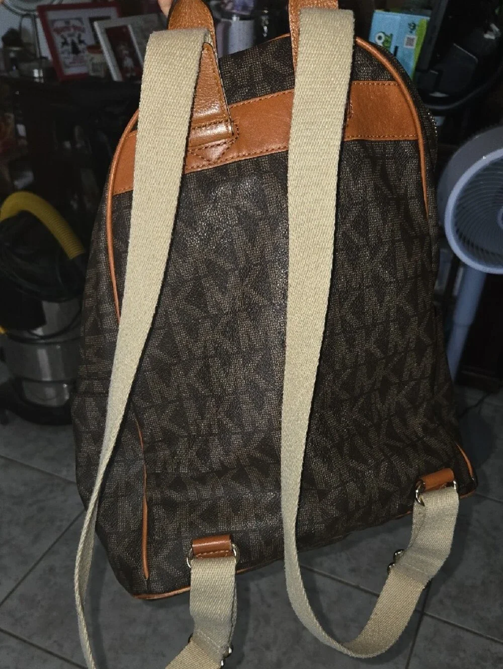 Michael Kors Brown and Tan Logo Backpack with Gold Plate