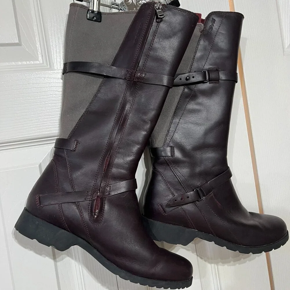 Teva De La Vina Burgundy Gray Waterproof Leather Tall Boot Zip Buckle 9 Outdoor