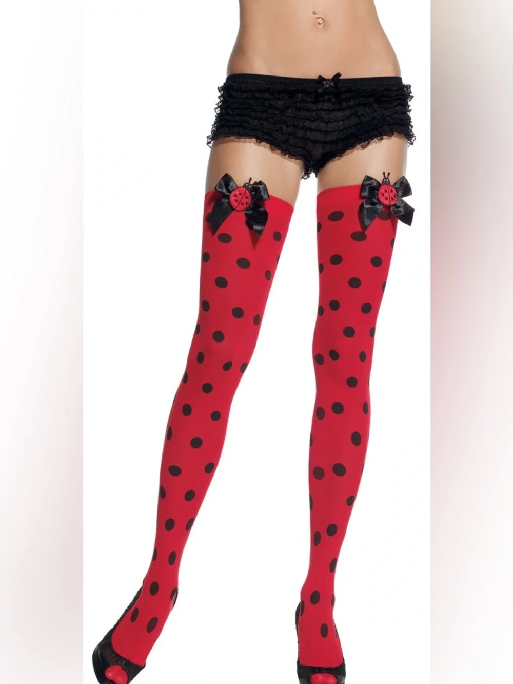 Brand New-Leg Avenue Red Polka Dot Thigh High Stockings with Black Bows