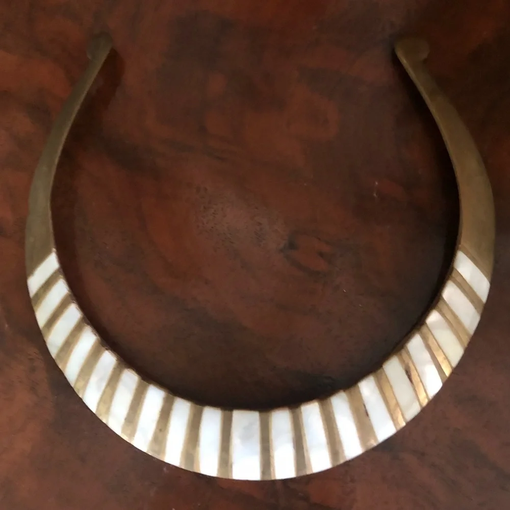 Vintage Child’s Brass & MOP Inlay Collar Necklace