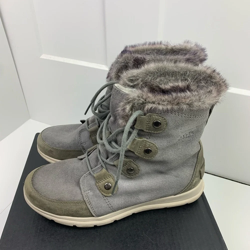 SOREL Explorer Joan Boot 9 10 Quarry Waterproof Leather Suede Lace Up Snow