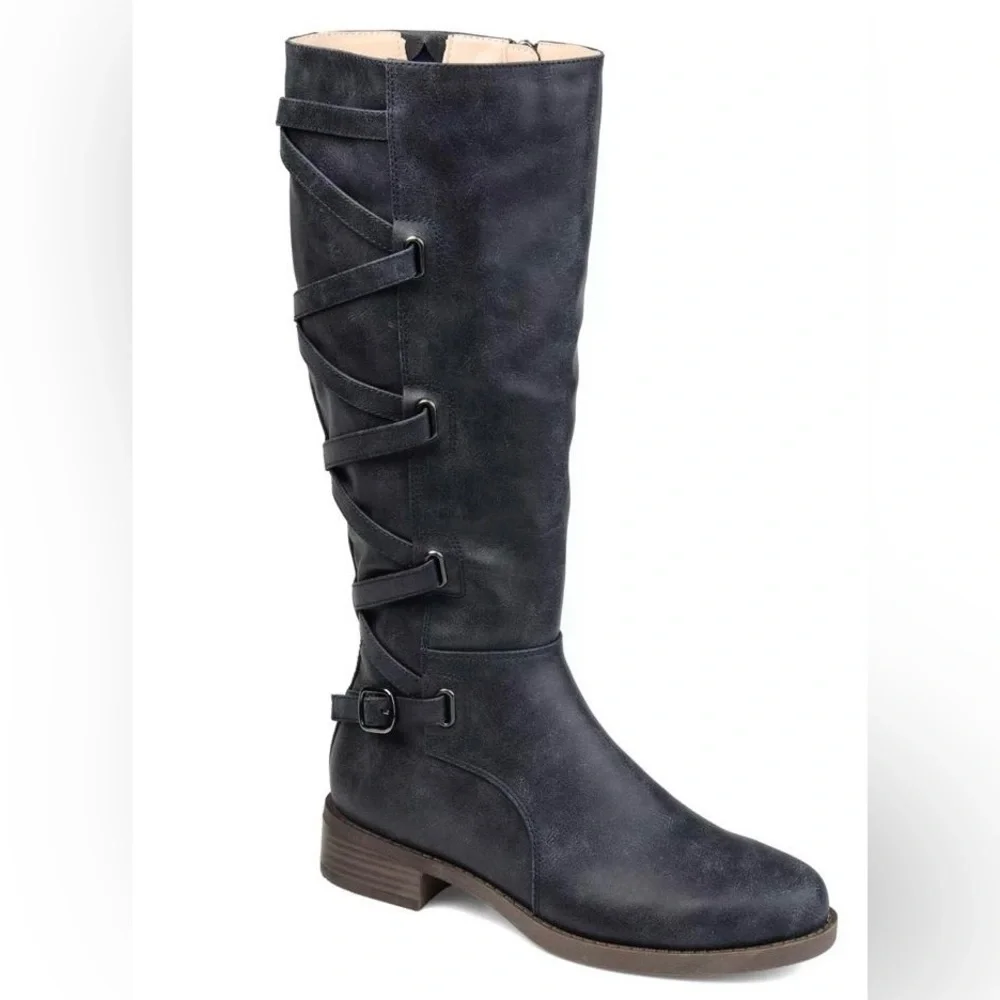 Journee Collection Womens Carly WideCalf Stacked Heel Riding boots Size 7 navy