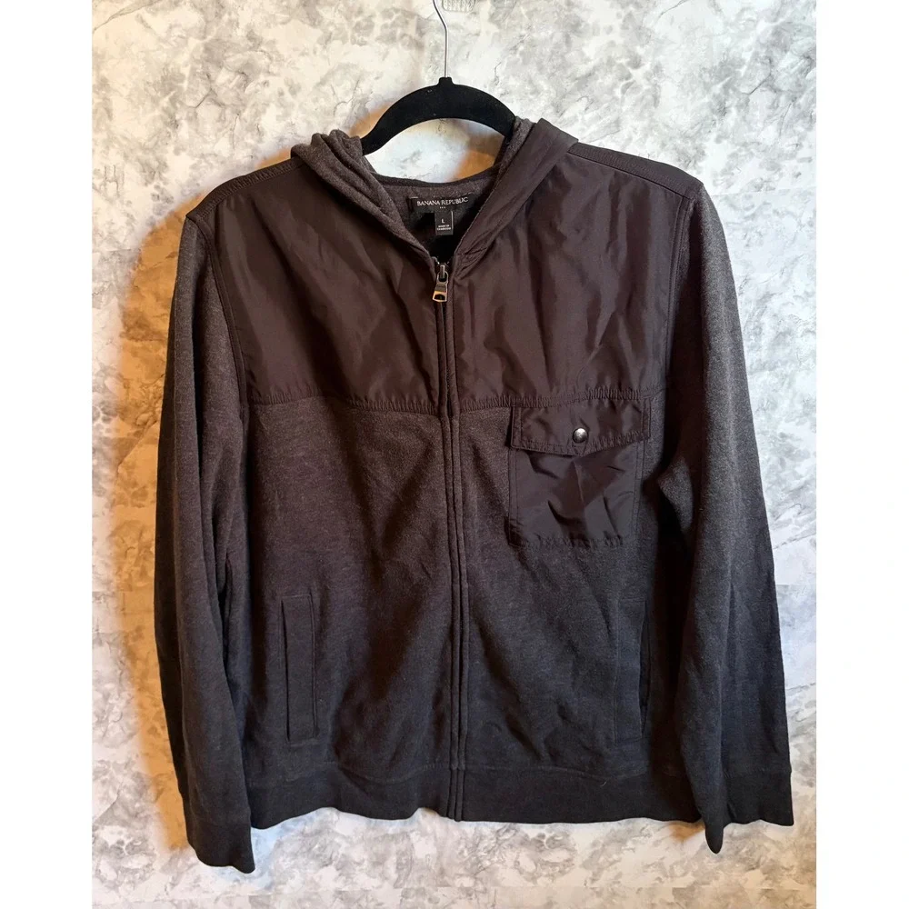 Banana Republic Mens Charcoal Gray‎ Full Zip Hooded Jacket Fleece Nylon Blend L