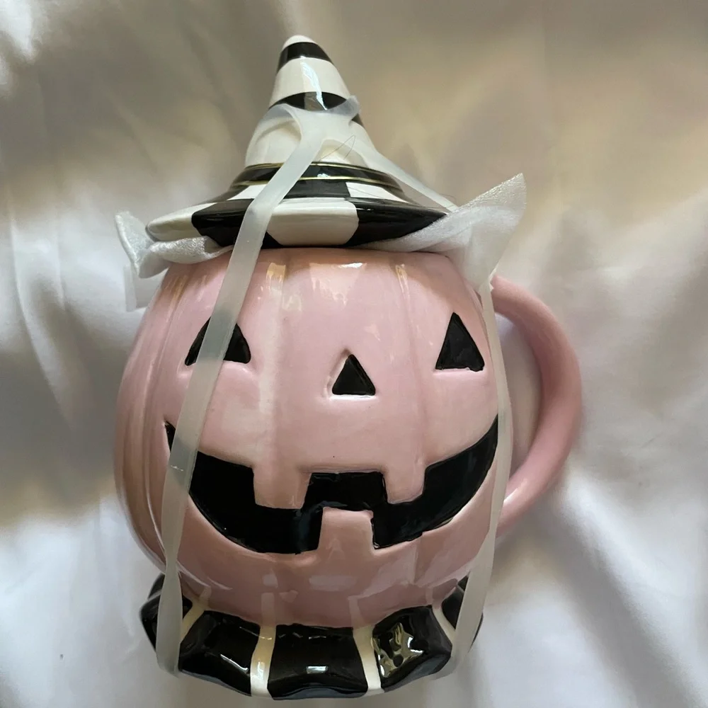 Rare Pink Jack O’ Lantern Pumpkin Coffee Mug Black White Check Witch‎ Hat Lid 8