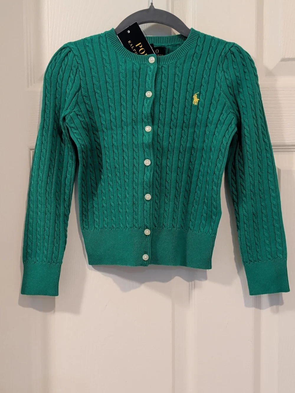 Ralph Lauren Emerald Green 100% Cotton Cable-Knit Cardigan with Pony Logo