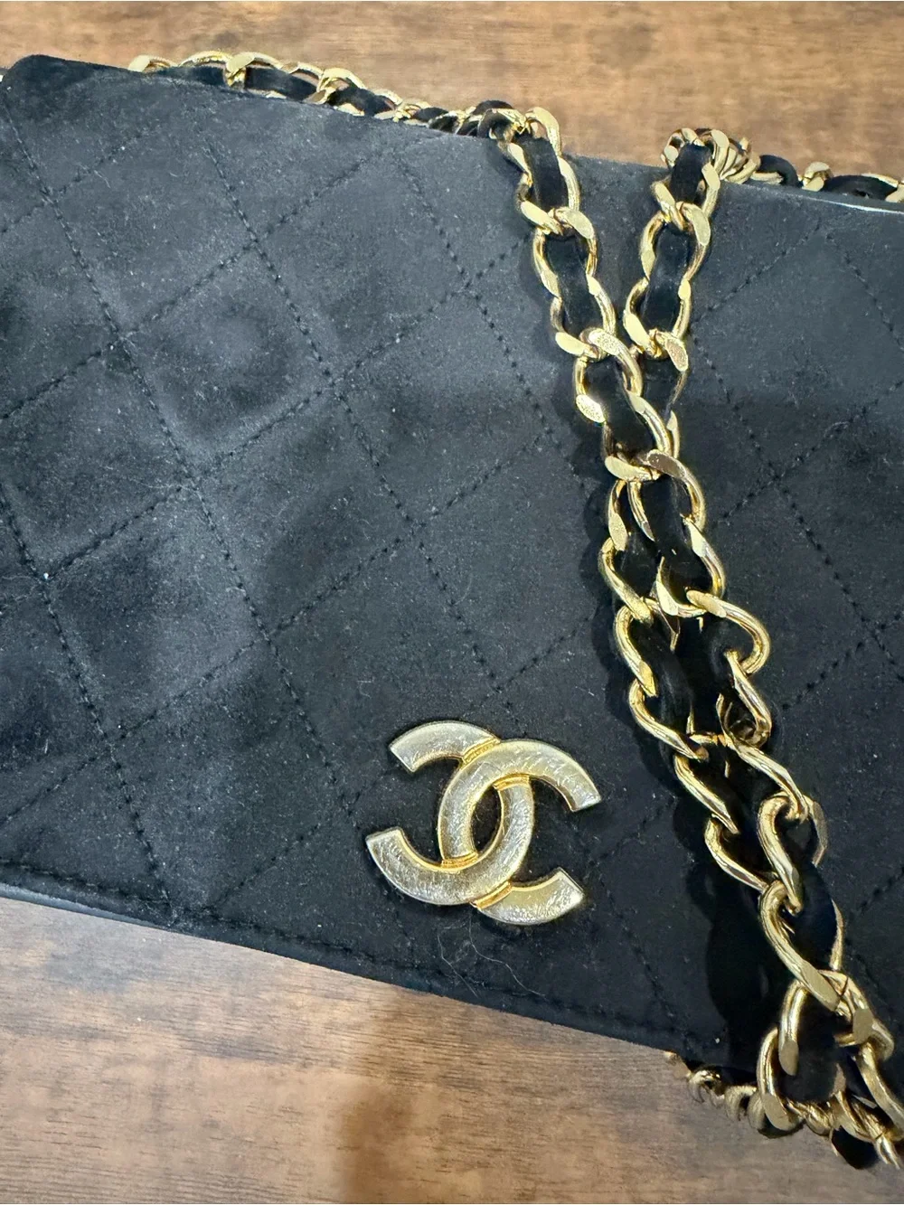 CHANEL Black Quilted Suede Chain Crossbody with Gold Hardware