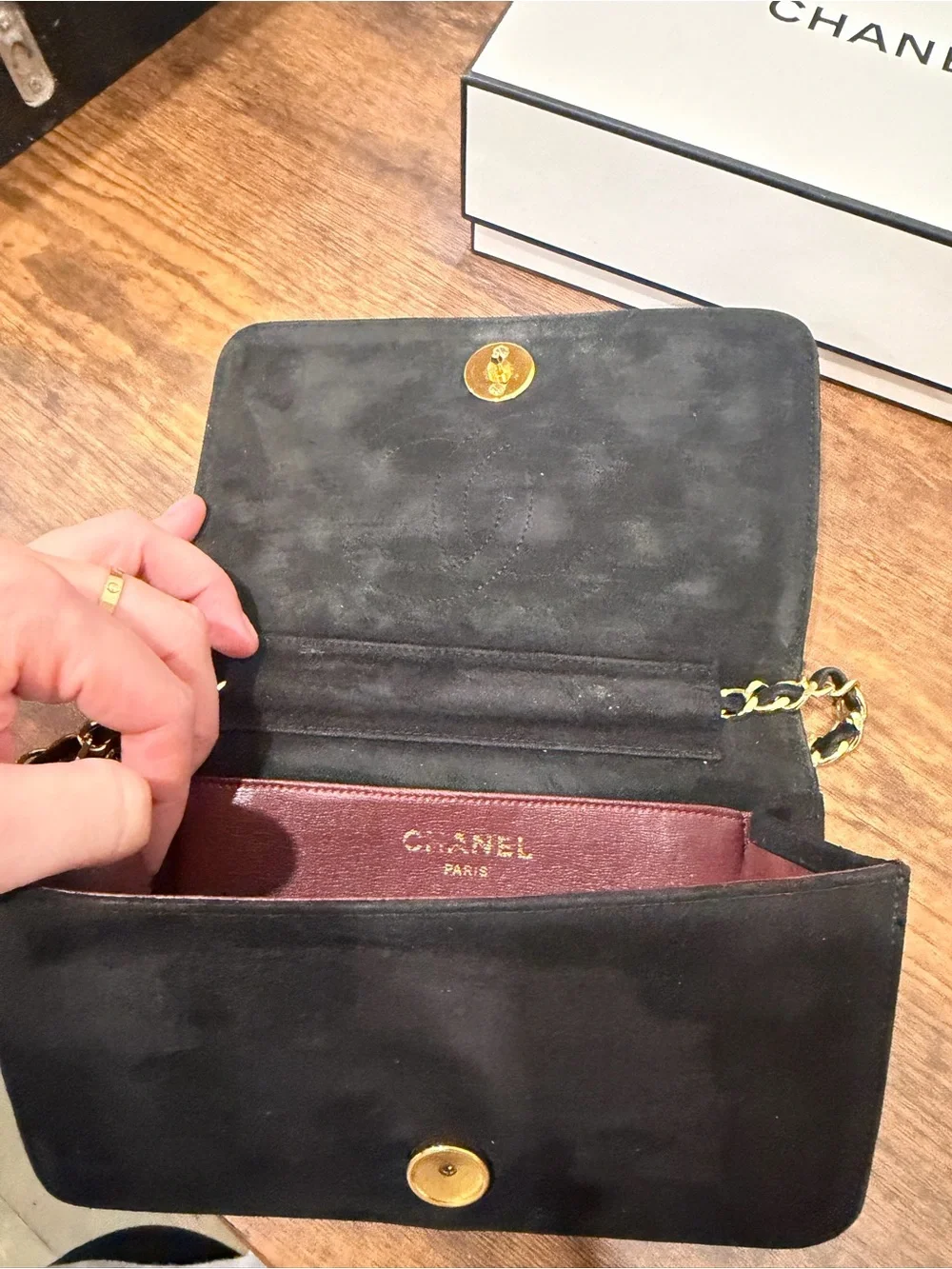 CHANEL Black Quilted Suede Chain Crossbody with Gold Hardware