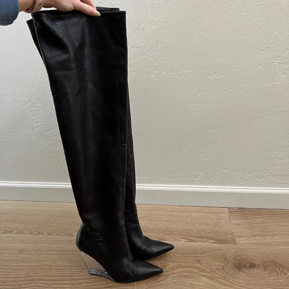 Stuart Weitzman Black Leather Lucite Wedge Over the Knee Boots