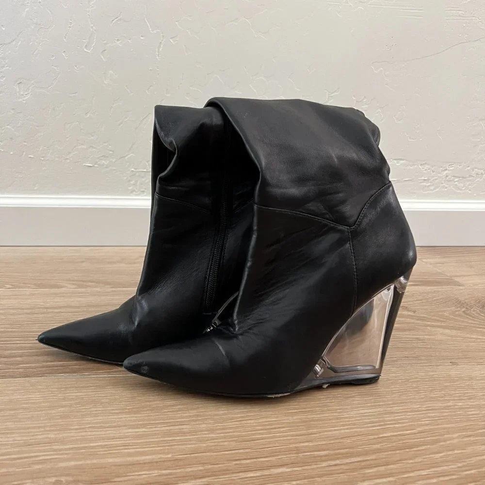 Stuart Weitzman Black Leather Lucite Wedge Over the Knee Boots