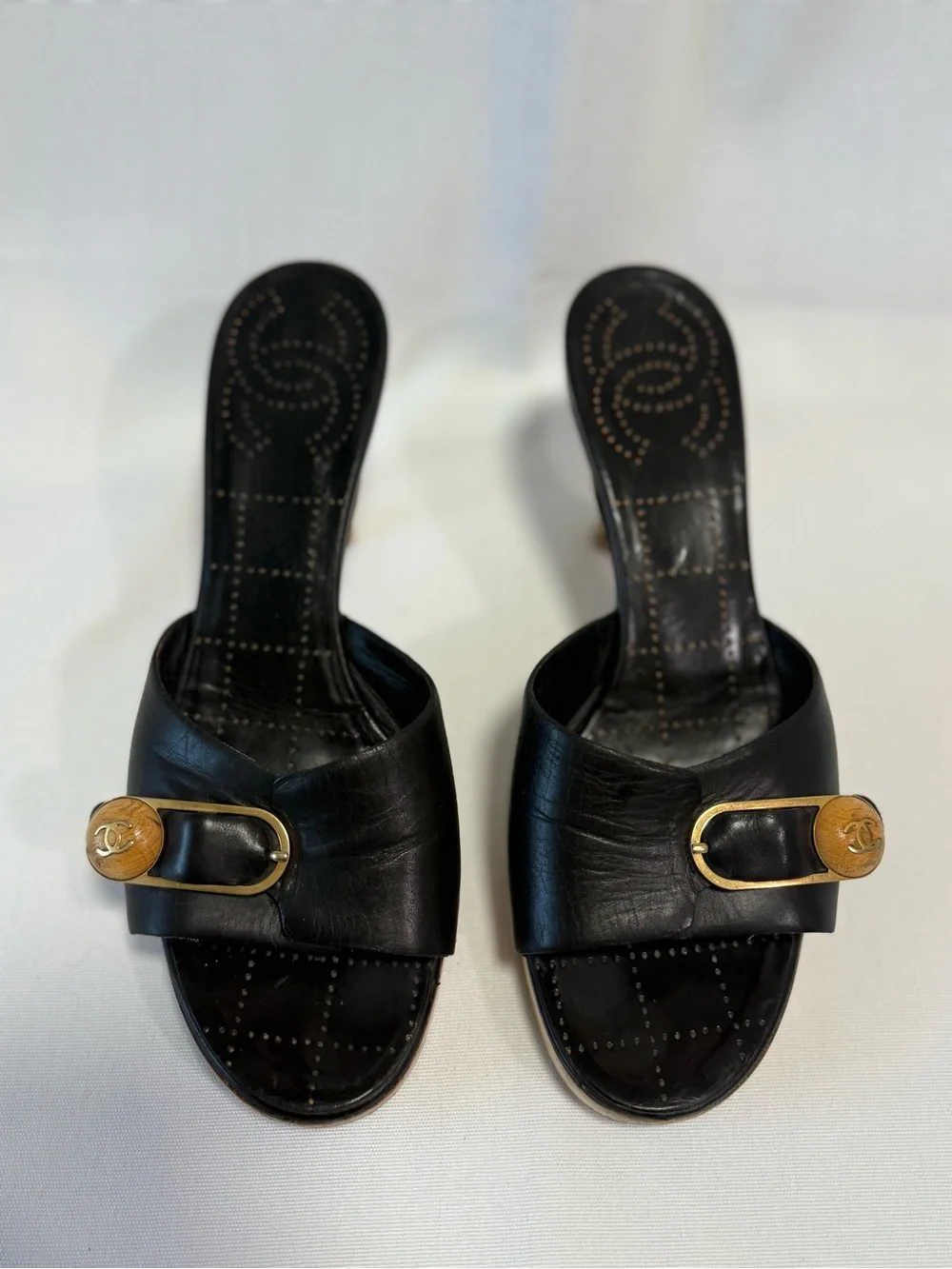 CHANEL Black Leather Slide Mules with Gold CC Accent