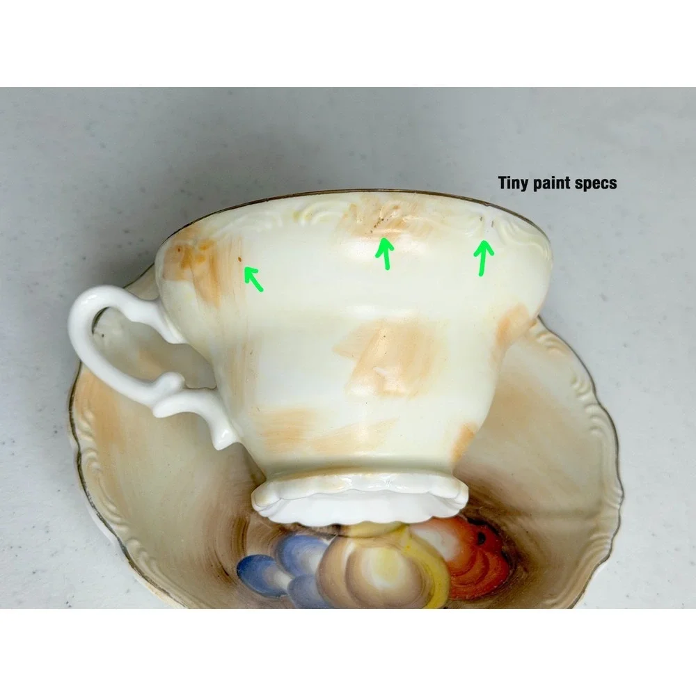 Vintage Tea Cup And Saucer Fruit Design Pear Grapes Gold Trim
