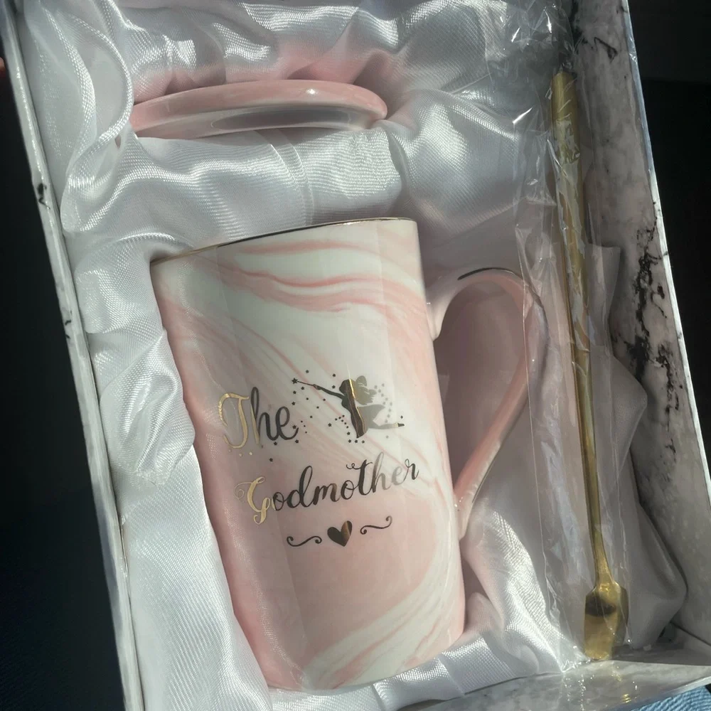 Chic Pink Marble Godmother Mug with Gold Spoon