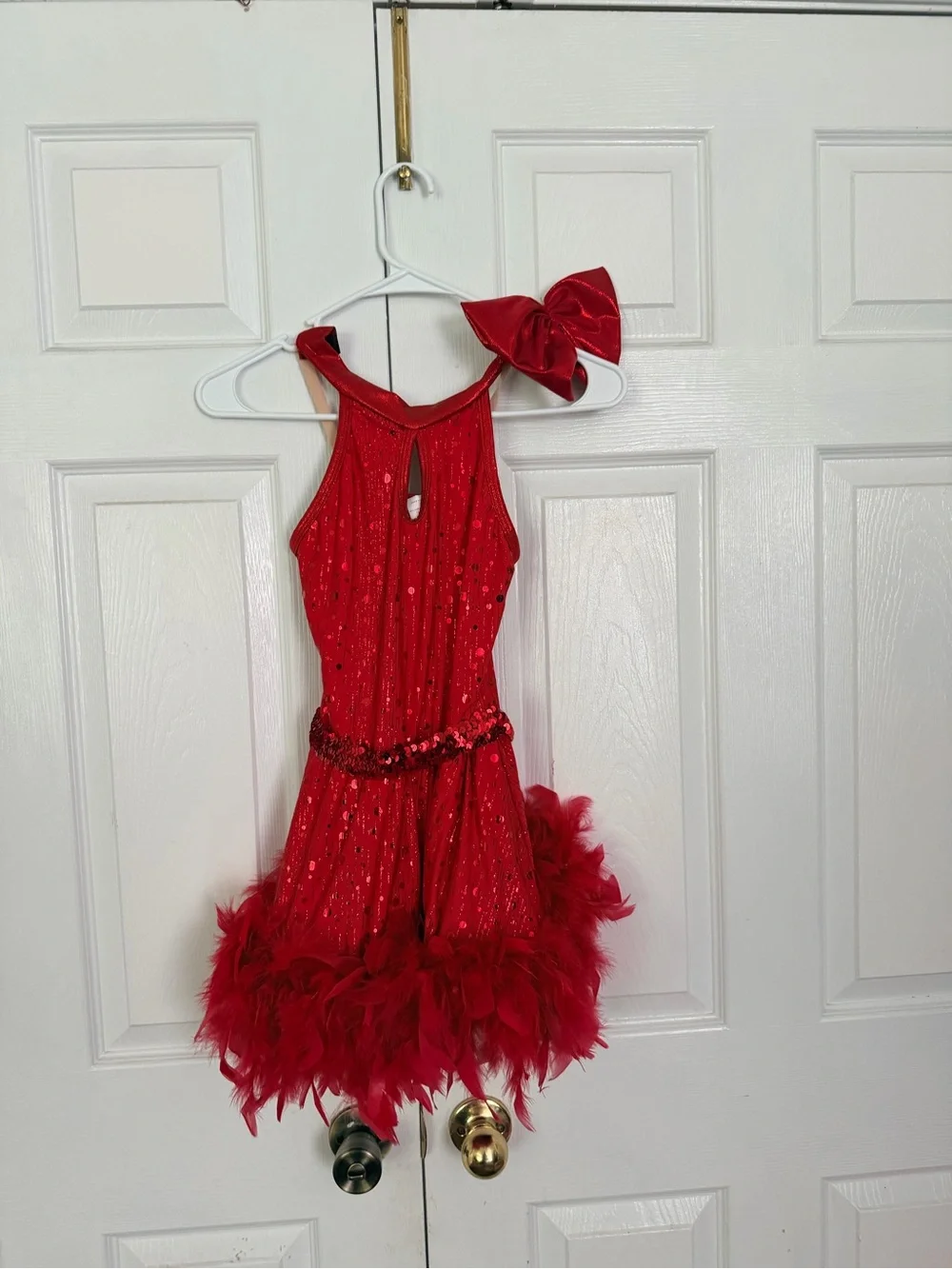 Red Sequin Feather Trim Girls' Costume Dress with Bow