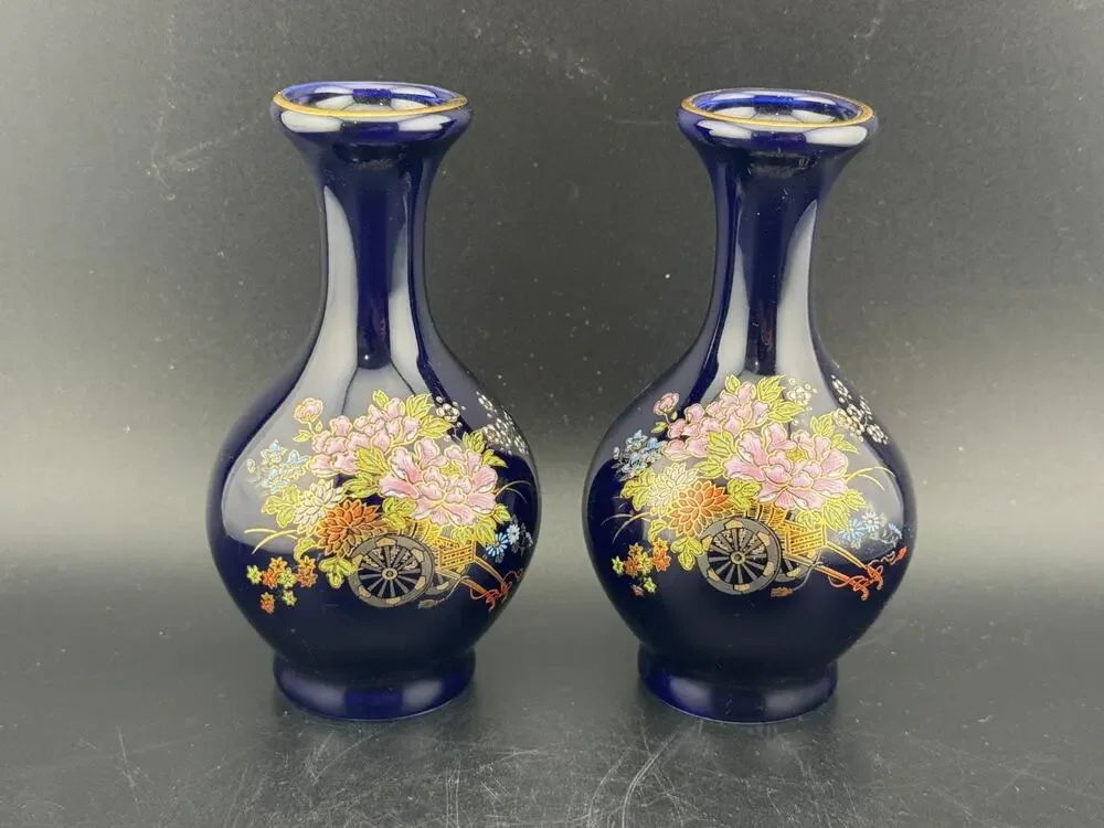 VTG Kutani Cobalt Blue Porcelain Vase, Pair